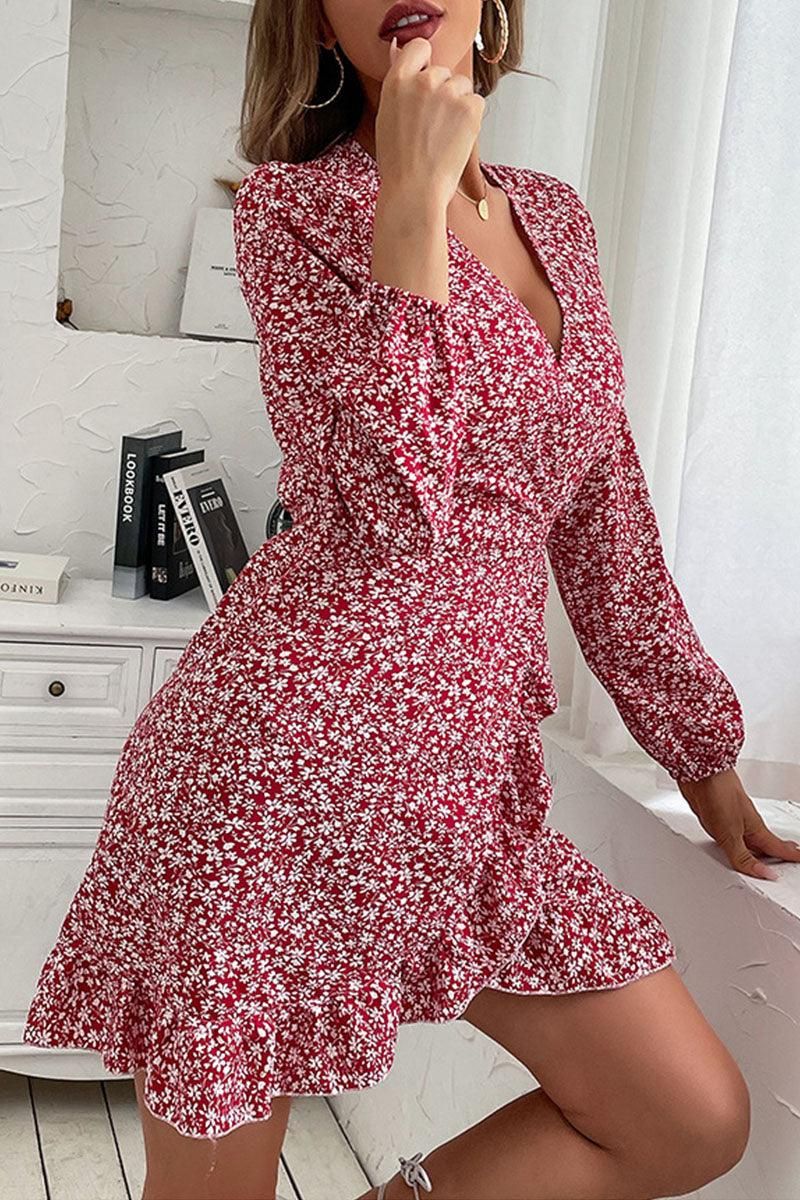 LONG SLEEVE FLORAL PRINTED DRESS - Doublju