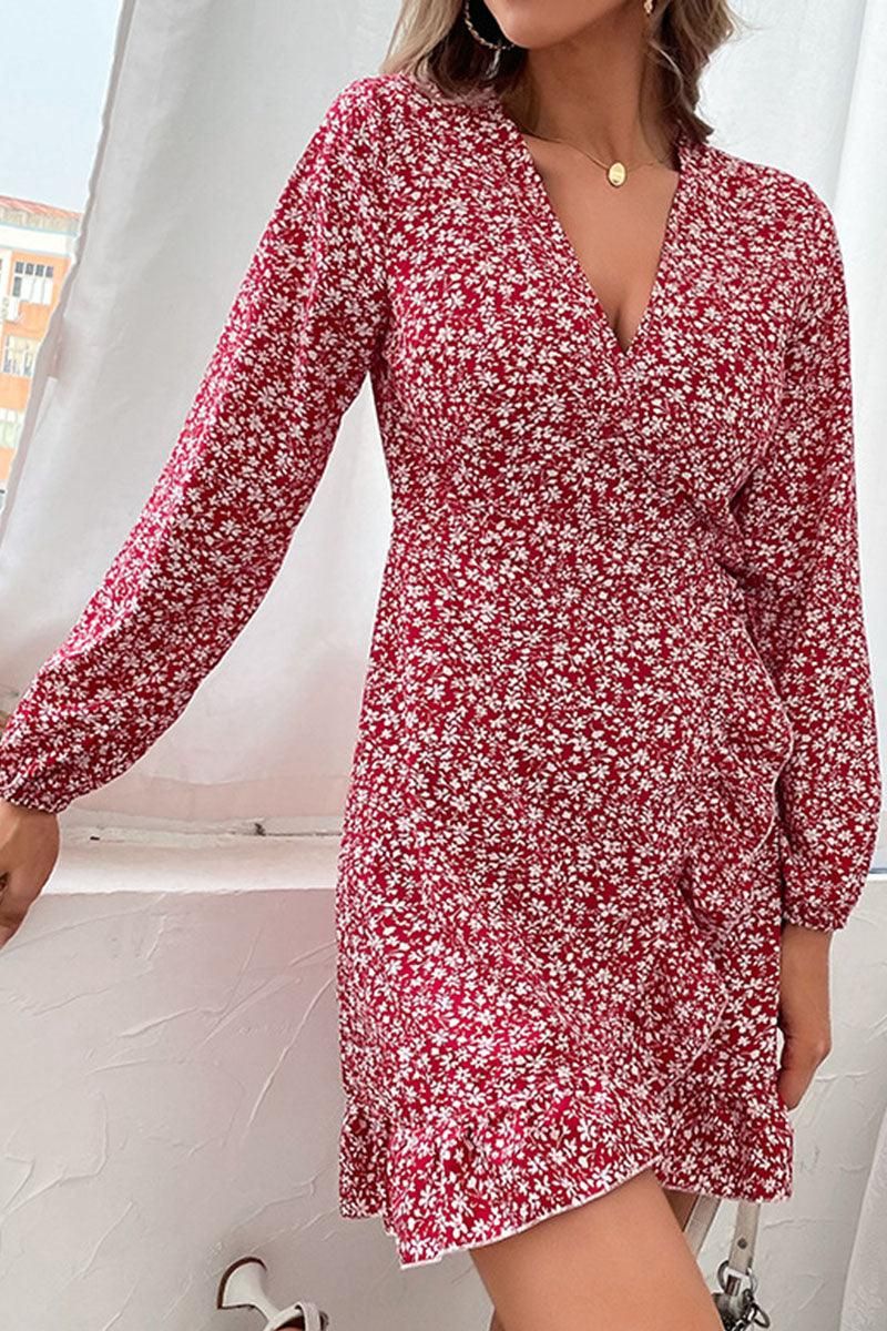 LONG SLEEVE FLORAL PRINTED DRESS - Doublju