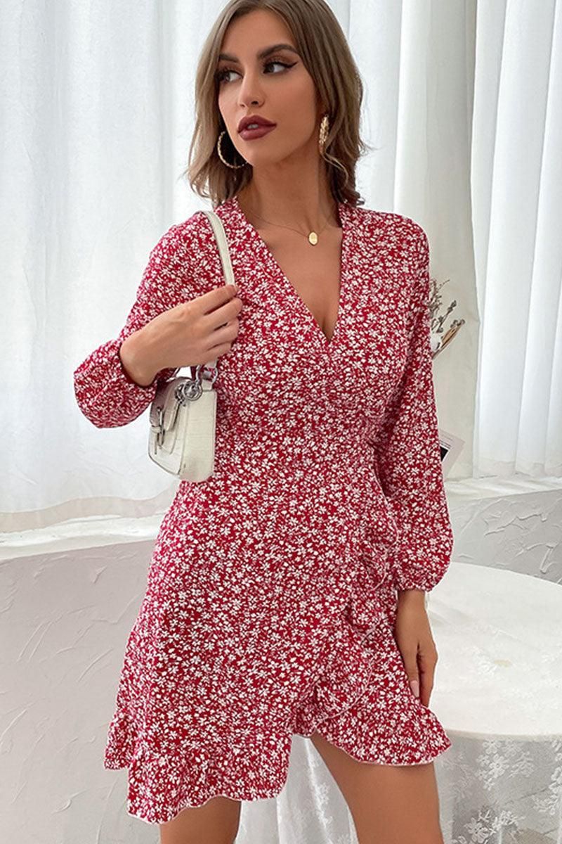 LONG SLEEVE FLORAL PRINTED DRESS - Doublju