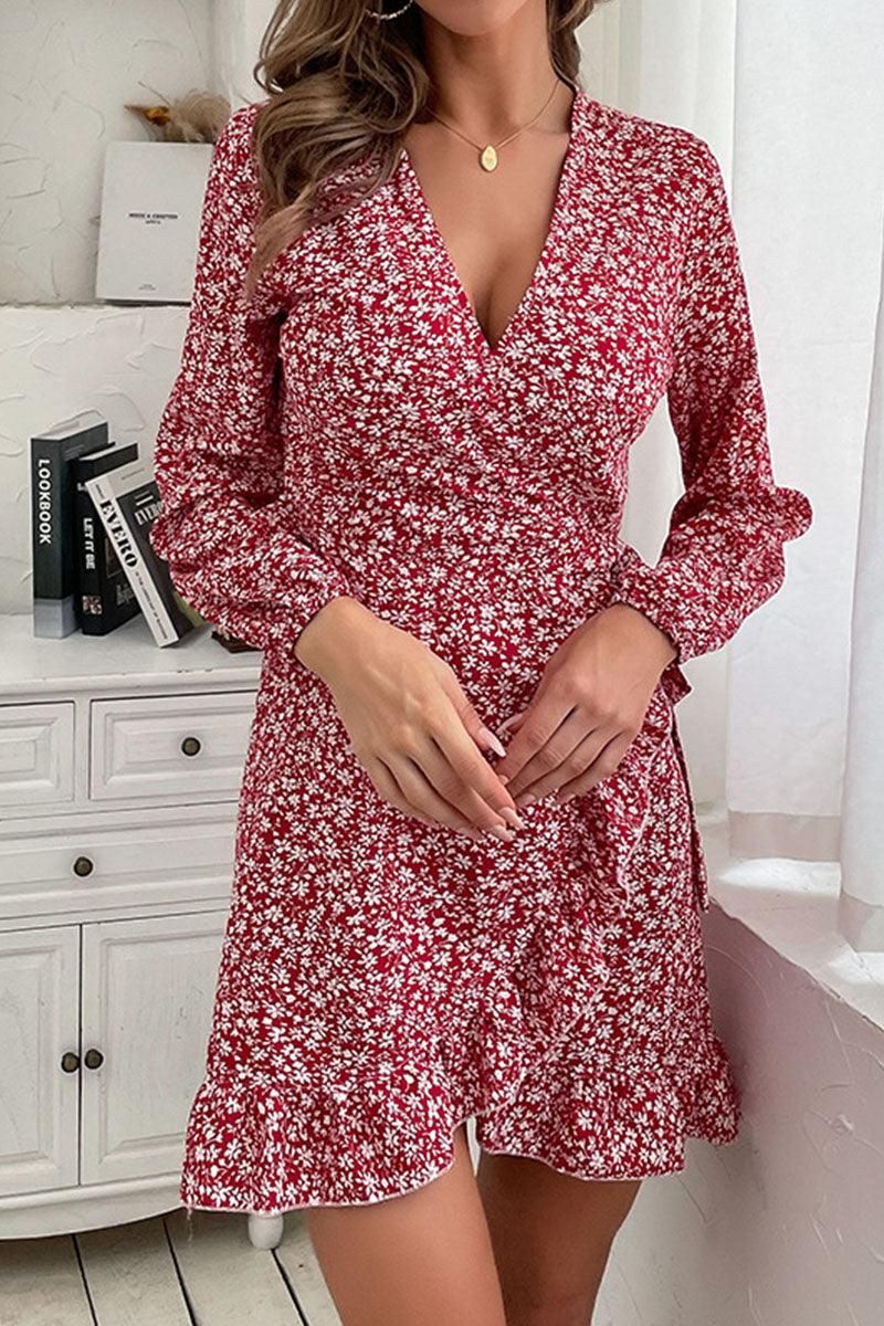 LONG SLEEVE FLORAL PRINTED DRESS - Doublju