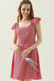 FLORAL SQURE NECK CAP SHOULDER SHORT DRESS - Doublju