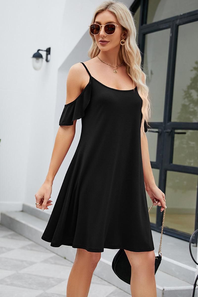 OFF SHOULDER SPAGHTTI STRAP LOOSE DRESS - Doublju