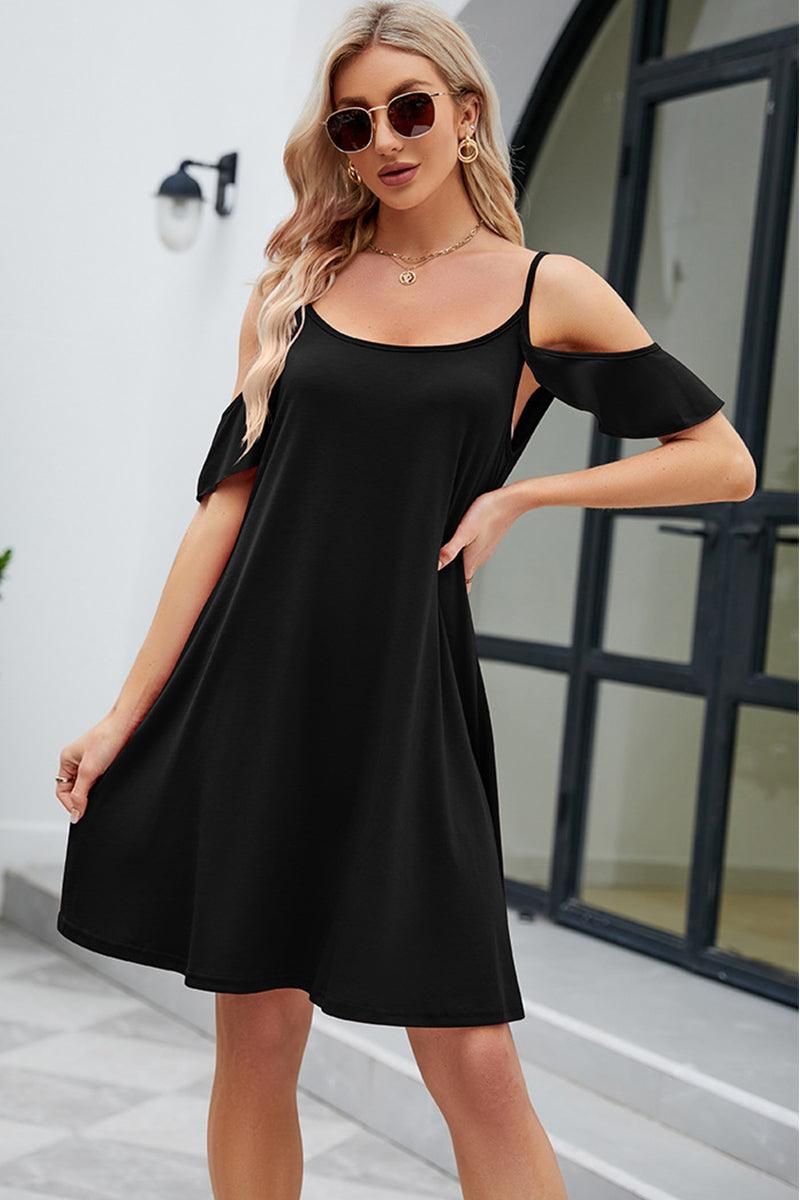 OFF SHOULDER SPAGHTTI STRAP LOOSE DRESS - Doublju