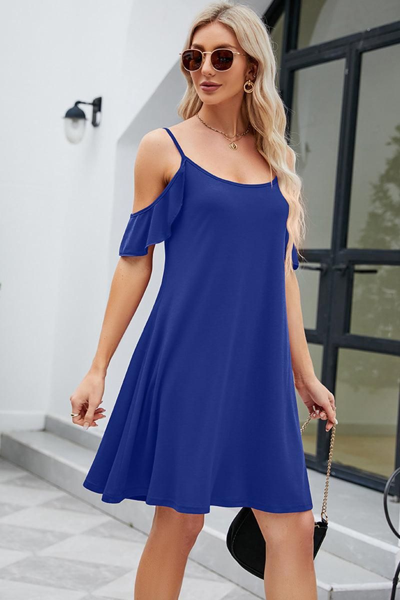 OFF SHOULDER SPAGHTTI STRAP LOOSE DRESS - Doublju