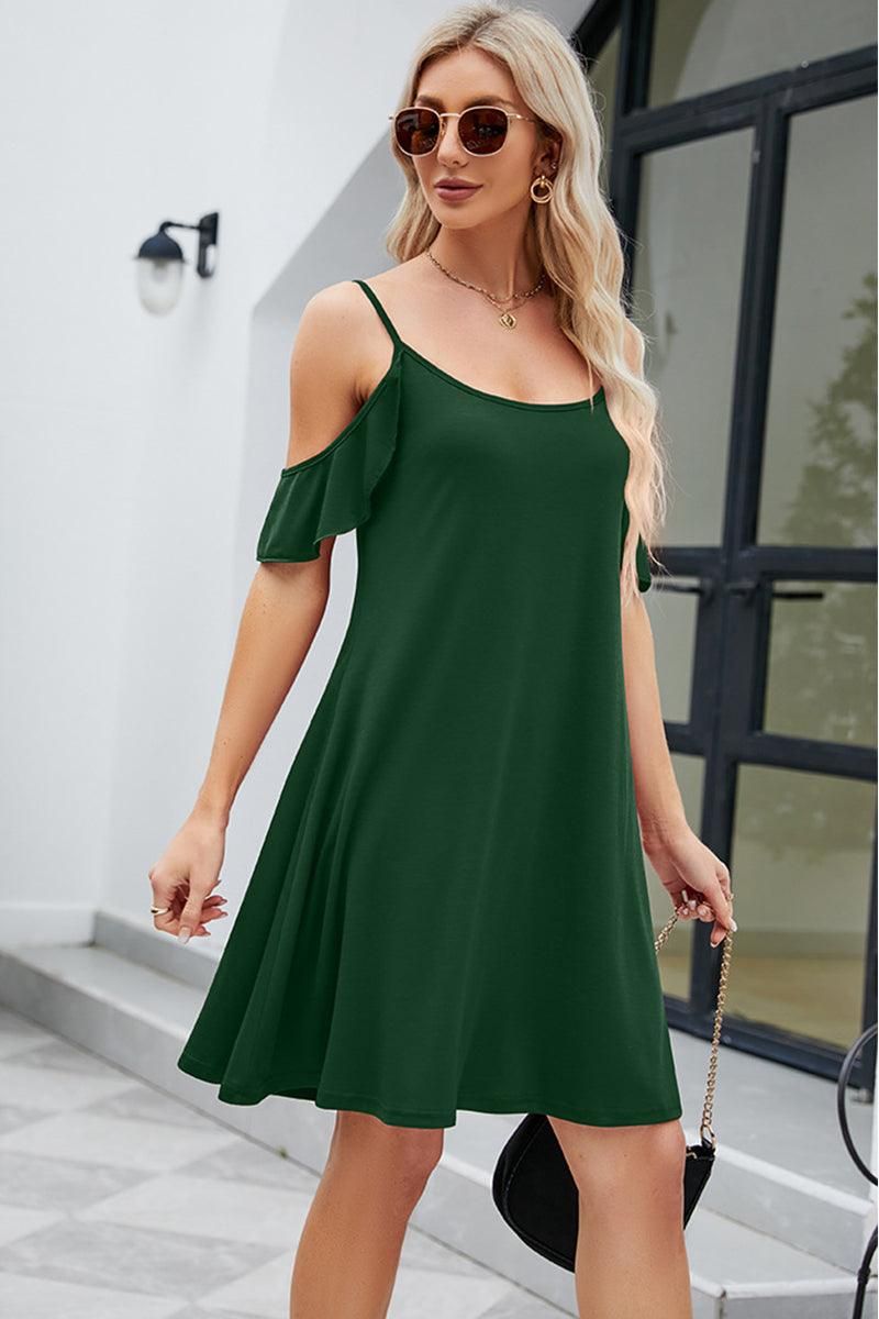 OFF SHOULDER SPAGHTTI STRAP LOOSE DRESS - Doublju