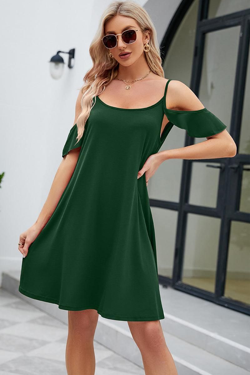 OFF SHOULDER SPAGHTTI STRAP LOOSE DRESS - Doublju