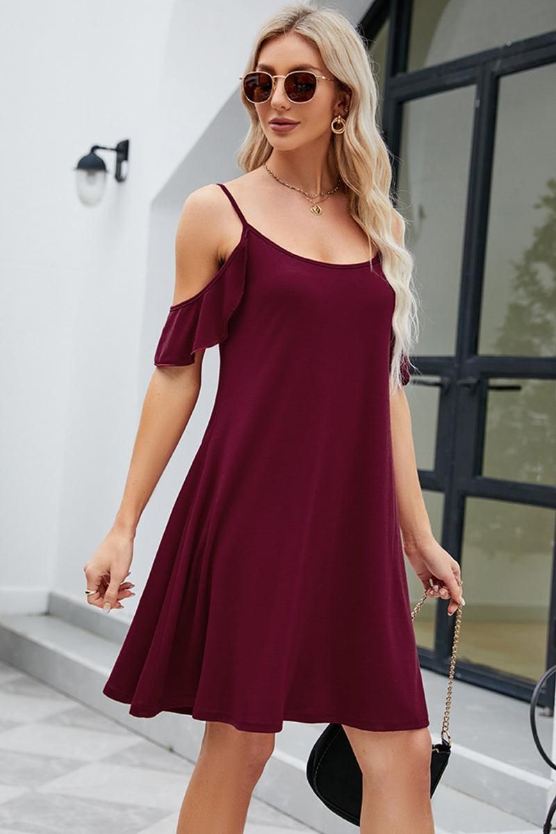 OFF SHOULDER SPAGHTTI STRAP LOOSE DRESS - Doublju