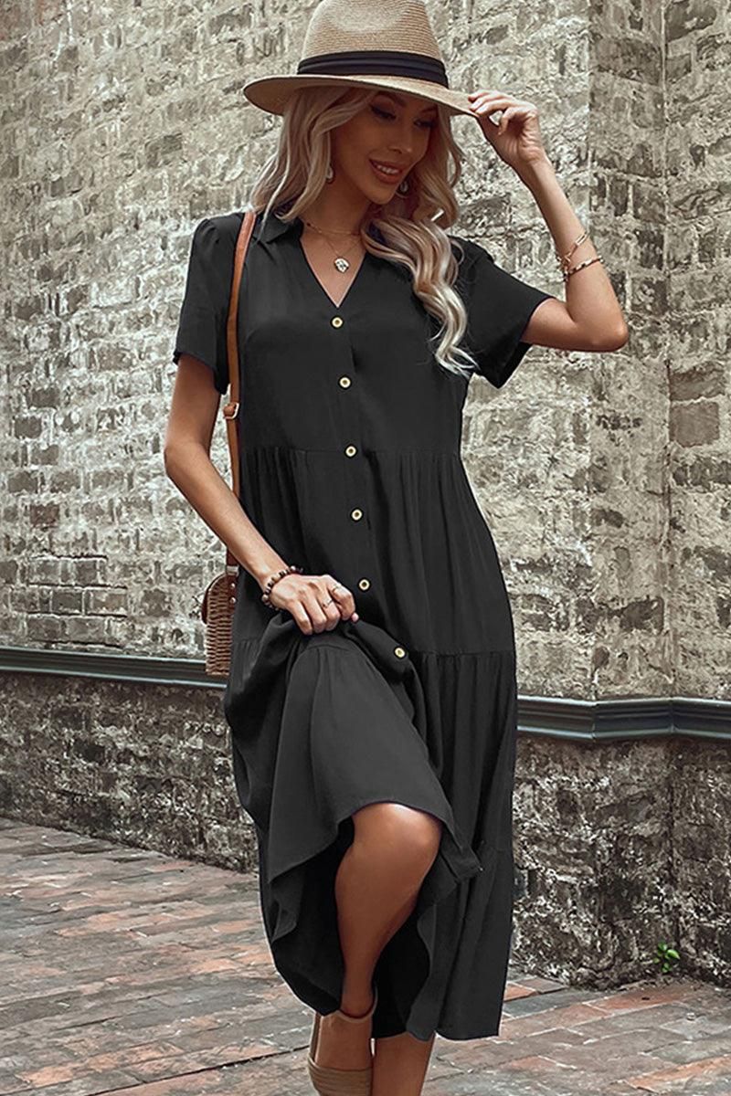 SHORT SLEEVE BUTTON UP CAKE DRESS - Doublju