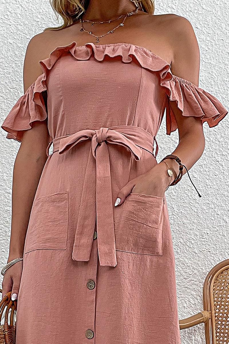 FRILL OFF SHOULDER TIED WAIST BUTTON SKIRT DRESS - Doublju