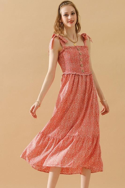 FLORAL LACE RUFFLED RIBBON STRAP DRESS - Doublju