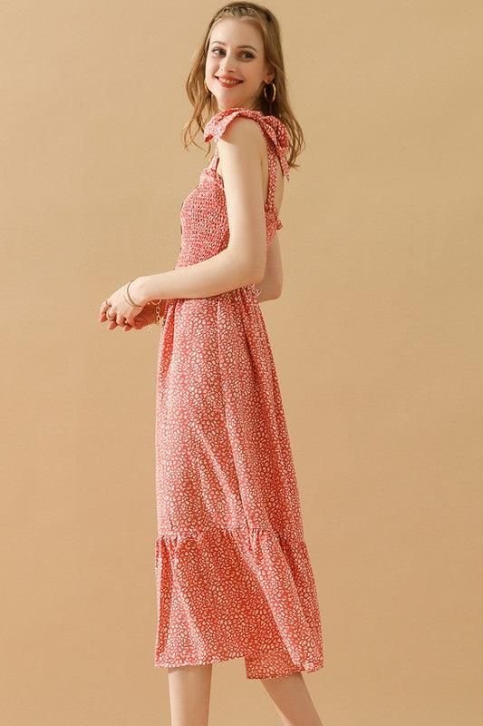 FLORAL LACE RUFFLED RIBBON STRAP DRESS - Doublju