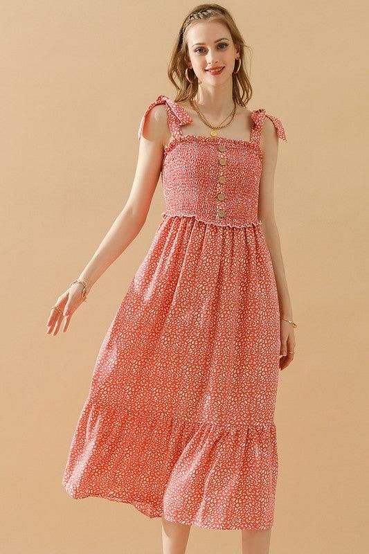 FLORAL LACE RUFFLED RIBBON STRAP DRESS - Doublju