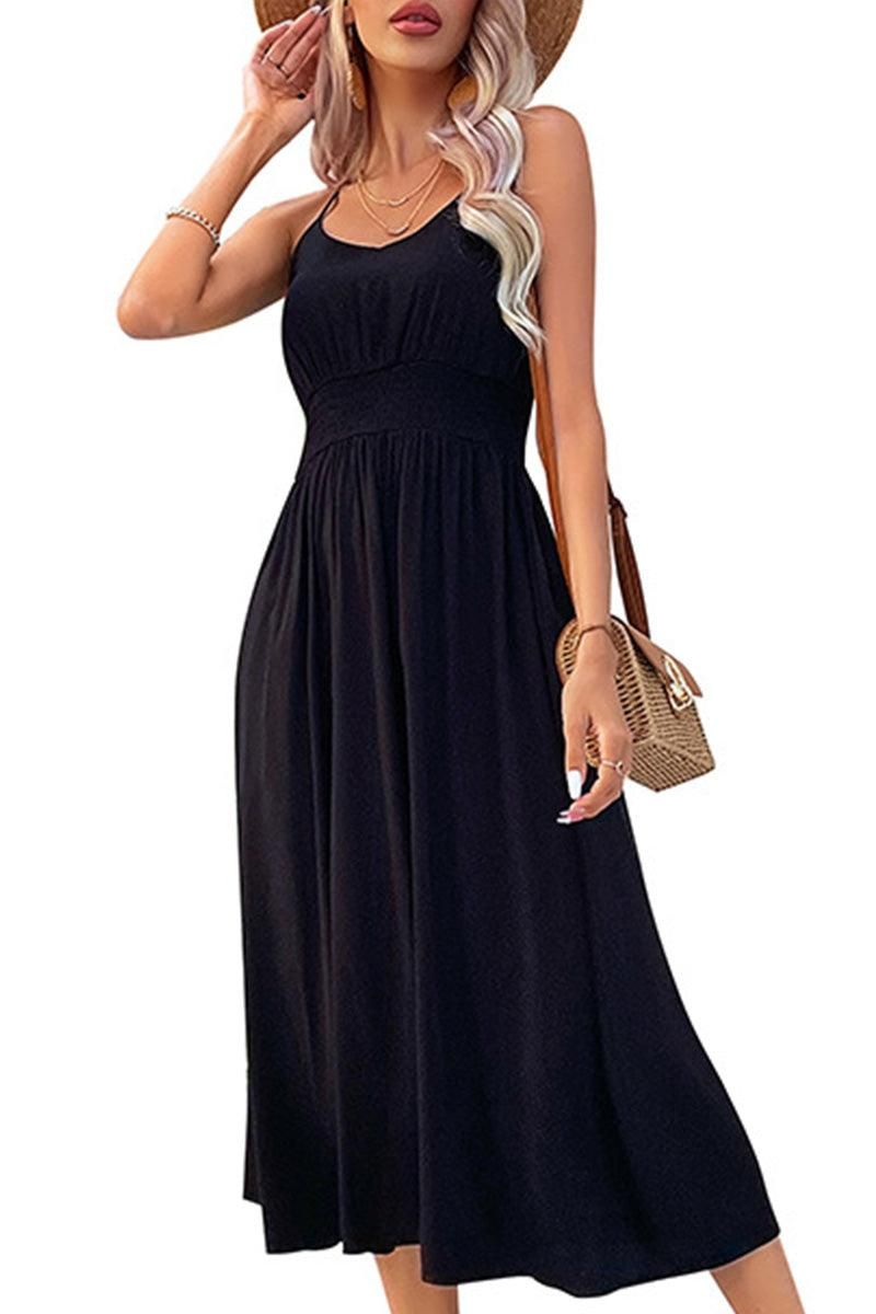 TIGHTEN WAIST CROSS BACK STRAP MIDI DRESS - Doublju