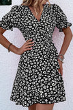FLORAL RUFFLED V NECK SHORT DRESS - Doublju