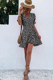 FLORAL RUFFLED V NECK SHORT DRESS - Doublju