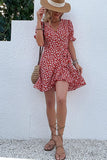 FLORAL RUFFLED V NECK SHORT DRESS - Doublju