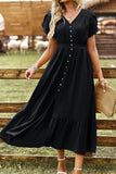 TULIP SLEEVE BUTTON DETAIL FRONT SLIT FLARE DRESS - Doublju