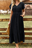 TULIP SLEEVE BUTTON DETAIL FRONT SLIT FLARE DRESS - Doublju