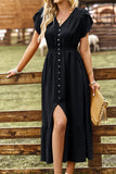 TULIP SLEEVE BUTTON DETAIL FRONT SLIT FLARE DRESS - Doublju