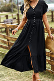 TULIP SLEEVE BUTTON DETAIL FRONT SLIT FLARE DRESS - Doublju