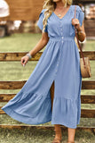 TULIP SLEEVE BUTTON DETAIL FRONT SLIT FLARE DRESS - Doublju