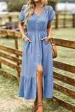 TULIP SLEEVE BUTTON DETAIL FRONT SLIT FLARE DRESS - Doublju