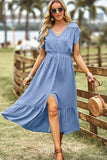 TULIP SLEEVE BUTTON DETAIL FRONT SLIT FLARE DRESS - Doublju