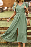 TULIP SLEEVE BUTTON DETAIL FRONT SLIT FLARE DRESS - Doublju