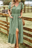TULIP SLEEVE BUTTON DETAIL FRONT SLIT FLARE DRESS - Doublju