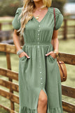 TULIP SLEEVE BUTTON DETAIL FRONT SLIT FLARE DRESS - Doublju
