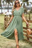 TULIP SLEEVE BUTTON DETAIL FRONT SLIT FLARE DRESS - Doublju