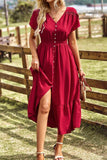 TULIP SLEEVE BUTTON DETAIL FRONT SLIT FLARE DRESS - Doublju