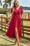TULIP SLEEVE BUTTON DETAIL FRONT SLIT FLARE DRESS - Doublju