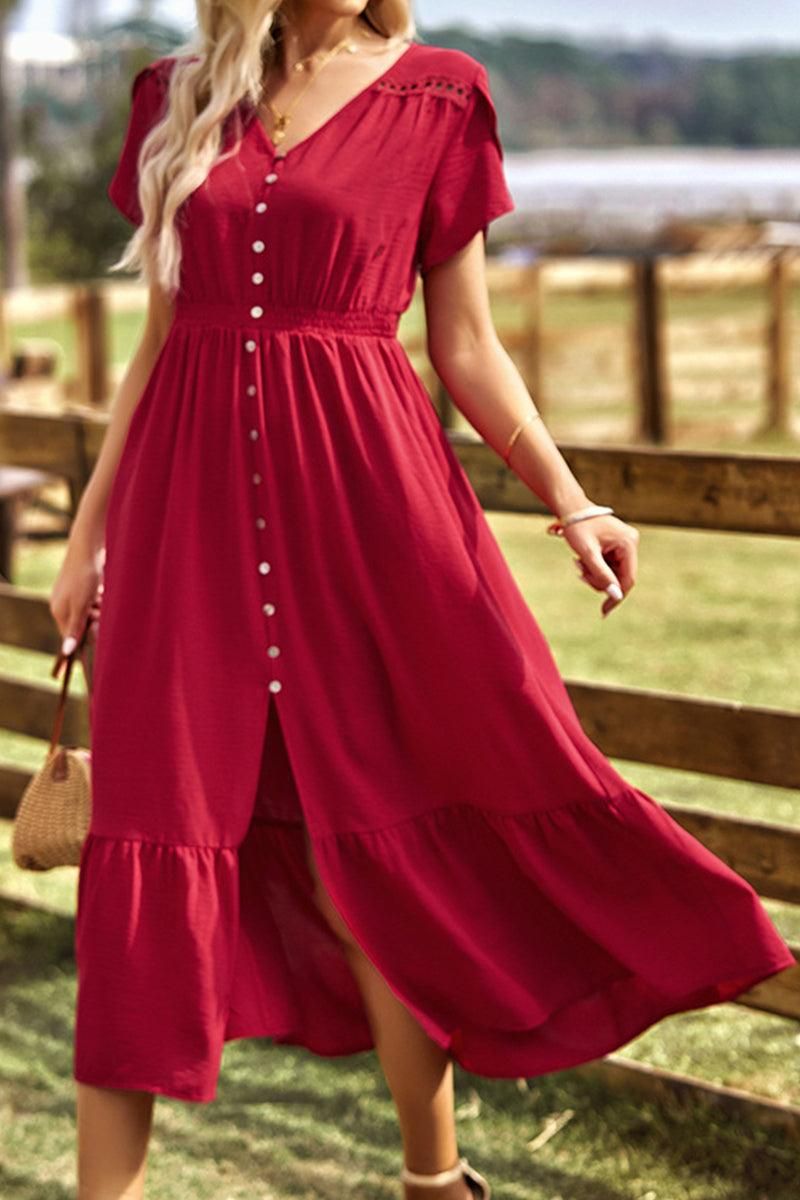 TULIP SLEEVE BUTTON DETAIL FRONT SLIT FLARE DRESS - Doublju