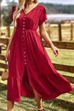 TULIP SLEEVE BUTTON DETAIL FRONT SLIT FLARE DRESS - Doublju