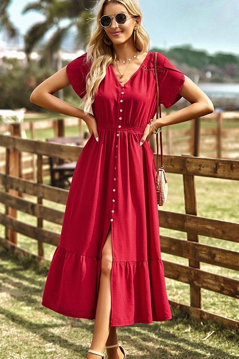 TULIP SLEEVE BUTTON DETAIL FRONT SLIT FLARE DRESS - Doublju