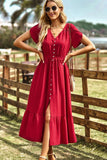 TULIP SLEEVE BUTTON DETAIL FRONT SLIT FLARE DRESS - Doublju