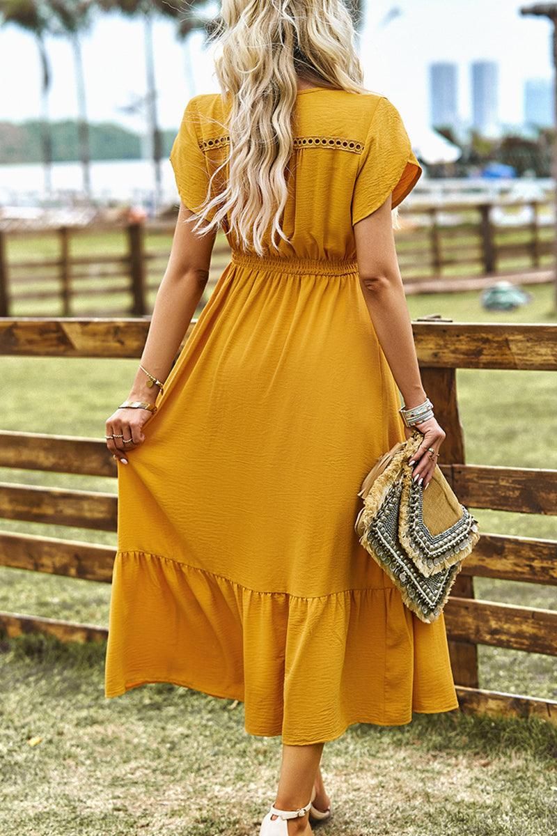 TULIP SLEEVE BUTTON DETAIL FRONT SLIT FLARE DRESS - Doublju
