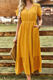 TULIP SLEEVE BUTTON DETAIL FRONT SLIT FLARE DRESS - Doublju