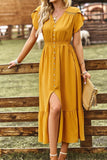 TULIP SLEEVE BUTTON DETAIL FRONT SLIT FLARE DRESS - Doublju