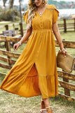 TULIP SLEEVE BUTTON DETAIL FRONT SLIT FLARE DRESS - Doublju