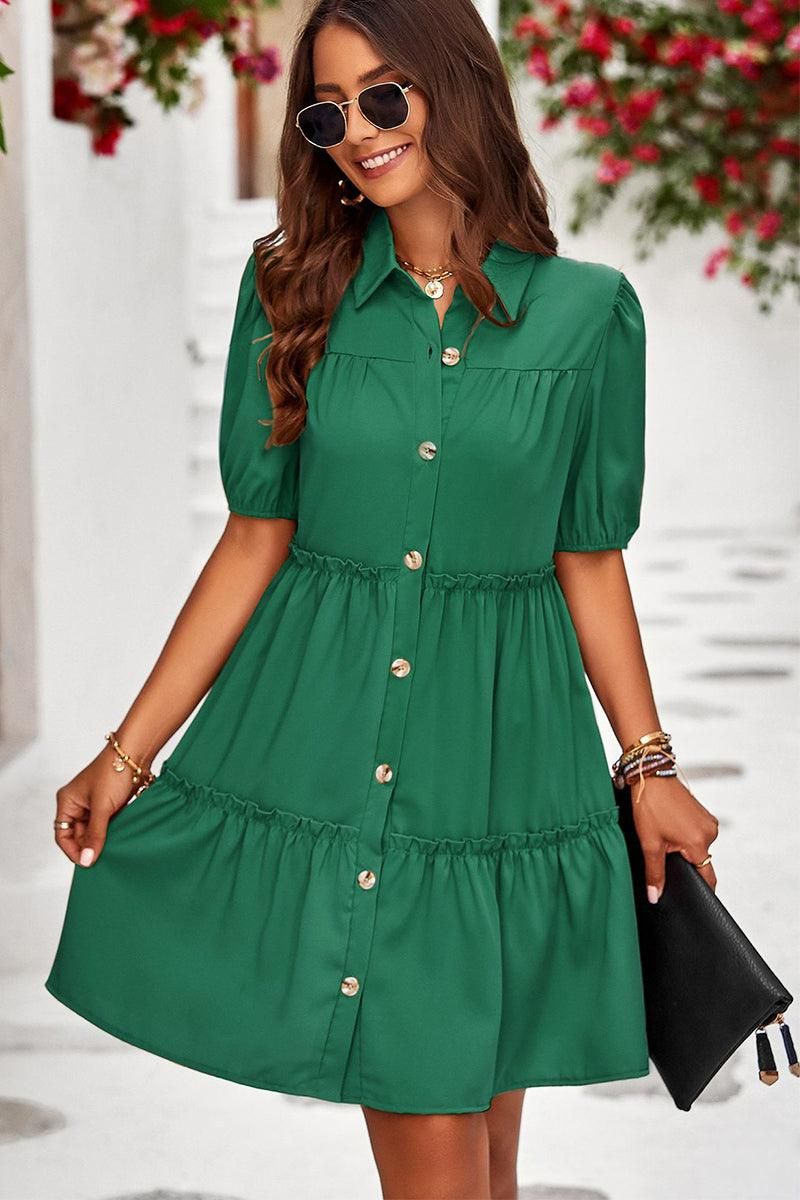 COLLAR BUTTON UP PUFF SHORT CAKE DRESS - Doublju