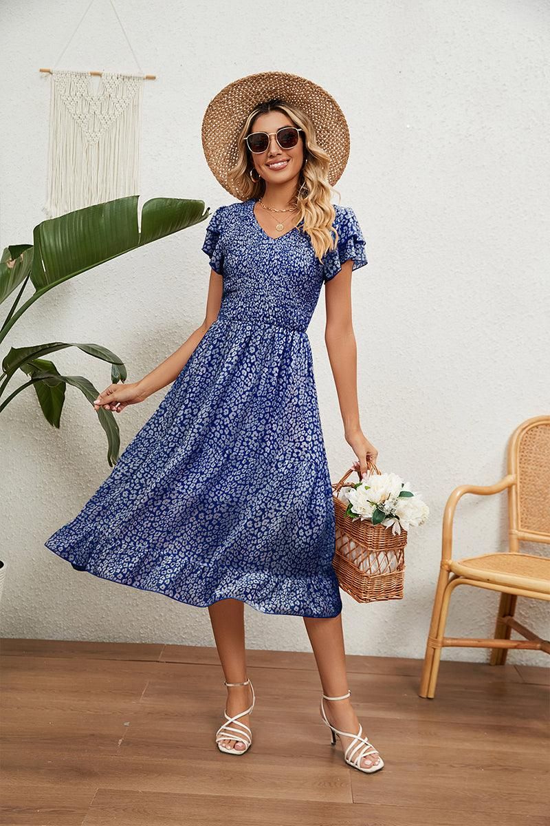 V NECK TIERED FLORAL LONG DRESS - Doublju