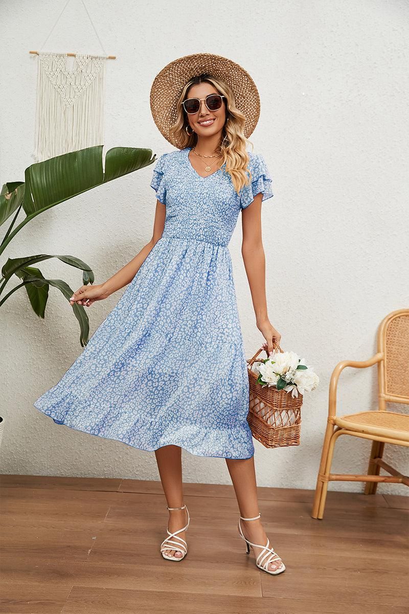 V NECK TIERED FLORAL LONG DRESS - Doublju