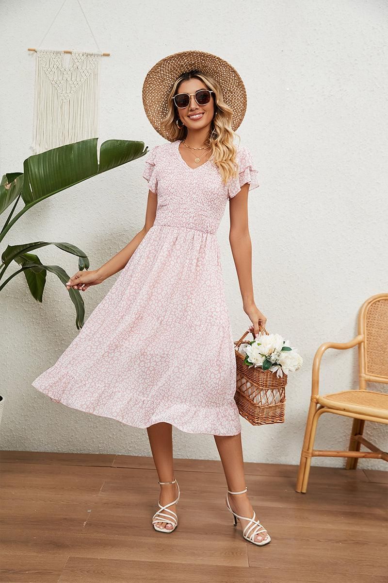 V NECK TIERED FLORAL LONG DRESS - Doublju