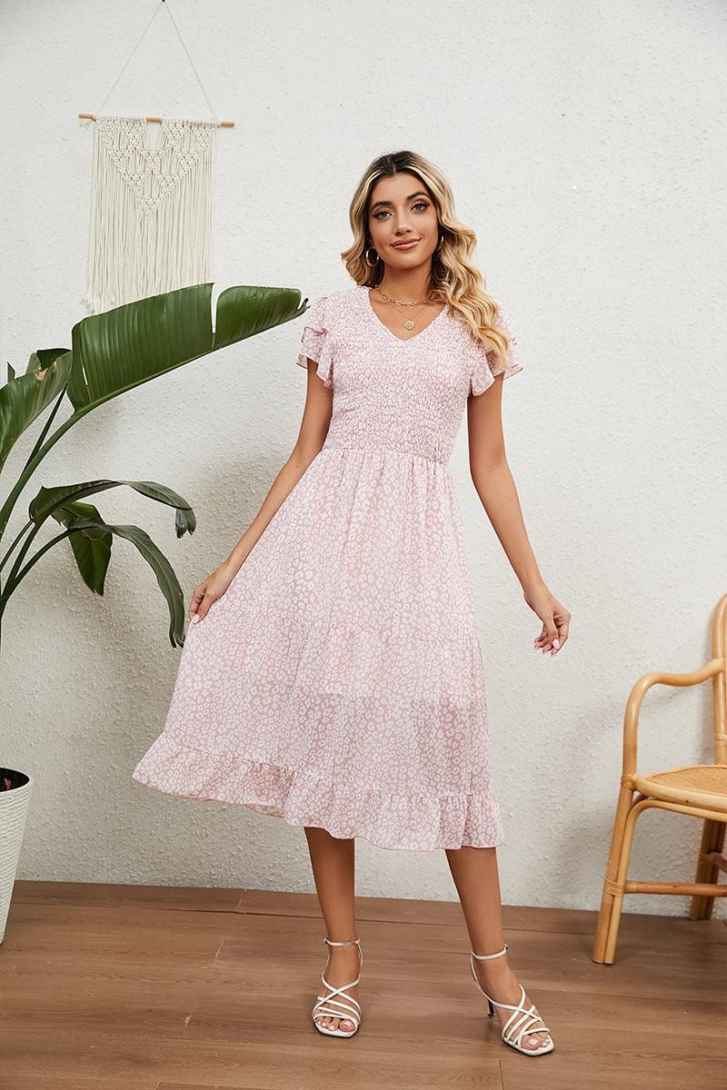 V NECK TIERED FLORAL LONG DRESS - Doublju