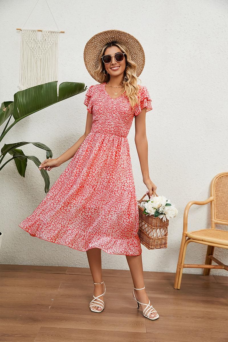 V NECK TIERED FLORAL LONG DRESS - Doublju