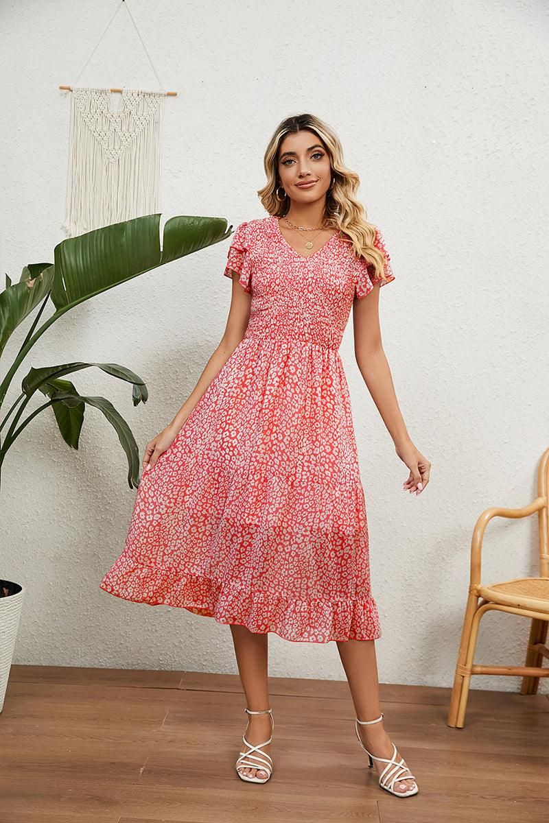 V NECK TIERED FLORAL LONG DRESS - Doublju