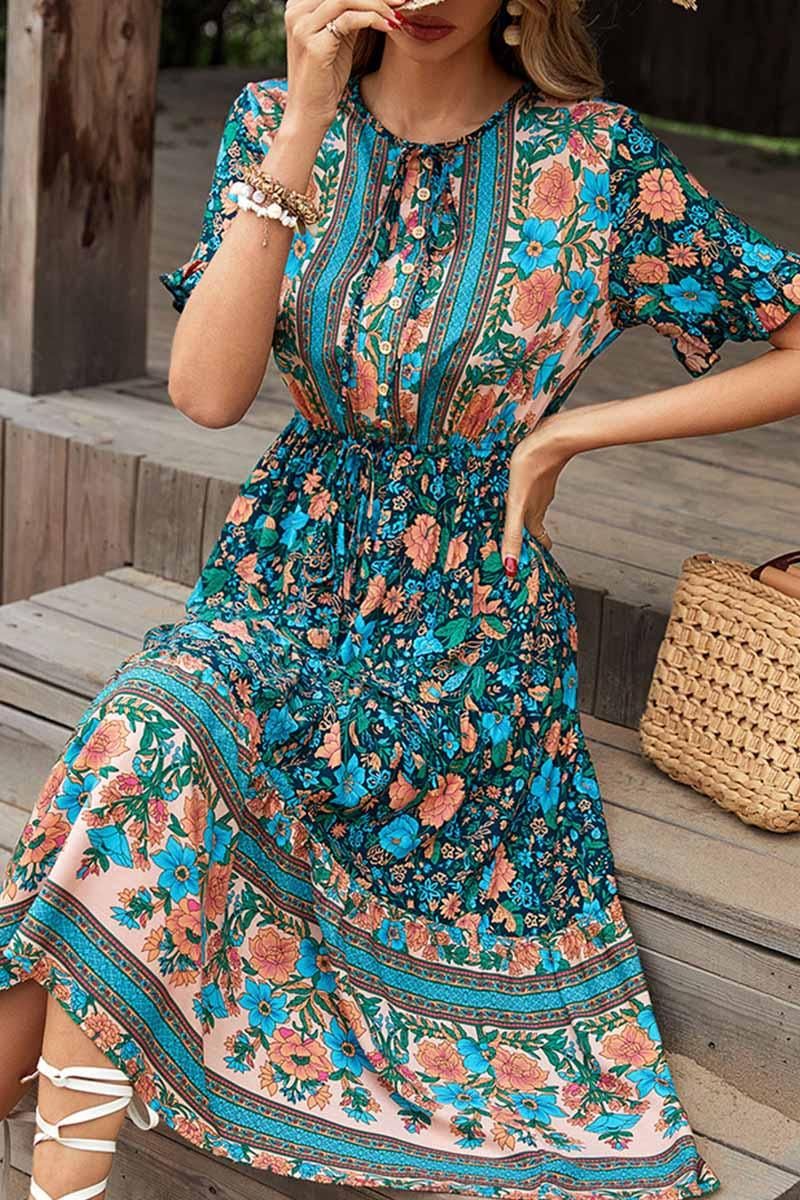 SLIM WAIST BUTTON DETAILED PATTERN DRESS - Doublju