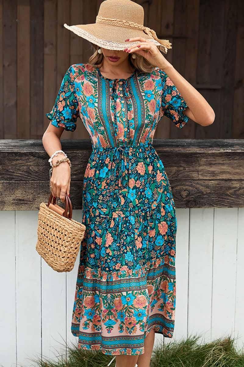 SLIM WAIST BUTTON DETAILED PATTERN DRESS - Doublju